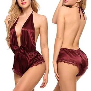 Сексуальное кружевное атласное белье, Гладкая шелковая пижама, комплект ночной одежды для женщин, ночное платье с глубоким V-образным вырезом