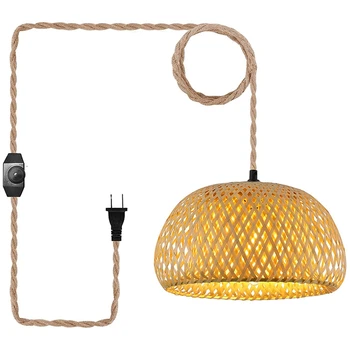 Подключаемый подвесной светильник Подвесная лампа с выключателем Джутовая веревка шнур бамбуковый абажур Плетеные подвесные светильники из ротанга Штепсельная вилка США