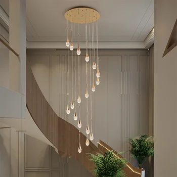 Современная простая светодиодная лестничная люстра, золотая двухуровневая гостиная на чердаке, креативная хрустальная спиральная люстра в виде капли воды