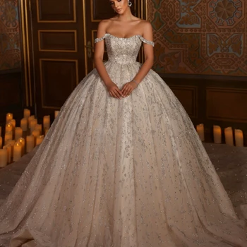 Великолепные свадебные платья с бисером Свадебные платья из бисера и кристаллов Бальное платье в арабском Дубае с открытыми плечами Vestido de Noiva Плюс Размер