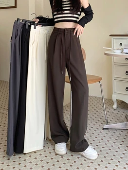 JMPRS 2023 Весна Новый дизайн Костюмные брюки с высокой талией Женские Корейские Модные Прямые Широкие брюки Женские повседневные брюки с завязками
