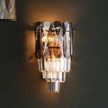 Новый хрустальный настенный светильник гостиная настенный светильник спальня прикроватная лампа дымчатый серый светодиодный хрустальный светильник