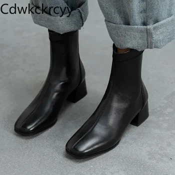 зима, Новые модные ботинки с квадратной головкой на толстом каблуке в британском стиле, черные, коричневые, бежевые, с застежкой-молнией сзади, женские сапоги на высоком каблуке высотой 4 см