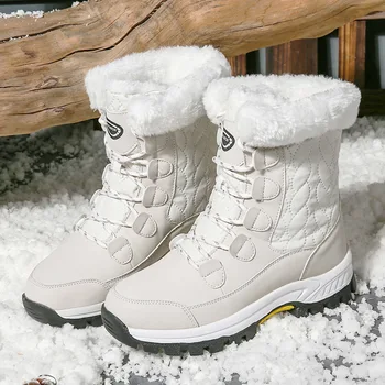 Новые женские зимние большие кожаные ботинки, зимние ботинки на толстой подошве, женские плюшевые утолщенные теплые белые ботинки на толстой подошве, средние ботинки