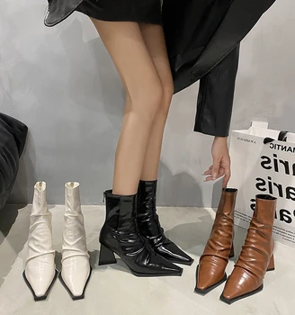 Зимние ботинки Женские низкие ботинки на молнии -женские роскошные дизайнерские ботильоны 2023 года с резиновым заострением, осенняя мода на высоком каблуке