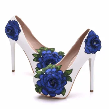Женские туфли-лодочки Crystal Queen с большим синим цветком на высоком каблуке, кружевная платформа, свадебные туфли с жемчугом, платье невесты 14 см
