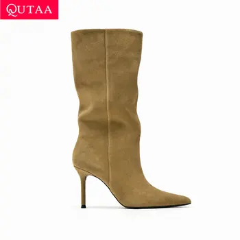 QUTAA / 2024, осень-зима, новые женские ботинки до середины икры на тонком высоком каблуке из коровьей замши, элегантные офисные женские высокие сапоги, женская обувь, размер 34-42