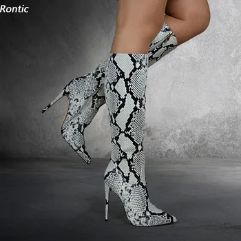 Rontic/ Женские зимние сапоги до колена ручной работы, пикантные черные вечерние туфли на шпильке со змеиной боковой молнией и острым носком, размер США 5-15