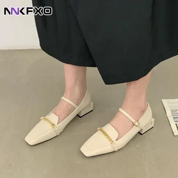 2023 Весенне-осенние Корейские туфли Mary Jane на низком каблуке, женские модные тонкие туфли с квадратным носком и пряжкой