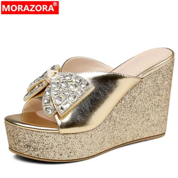 MORAZORA / Новая женская повседневная обувь с узлом бабочки, тапочки на платформе из натуральной кожи, 2023, Туфли на танкетке и высоком каблуке со стразами