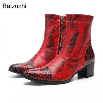 Batzuzhi/ Мужские Ботинки на высоком каблуке 6 см, Красные Ботильоны из натуральной кожи с острым носком, Мужские Ботинки на молнии Knight/Вечерние Botas, Размеры 38-47