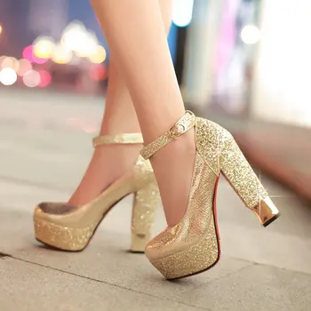 Пикантные женские туфли-лодочки на платформе цвета: золотистый, серебристый, с блестками, на высоком массивном каблуке, для летней вечеринки, Свадебные Женские туфли
