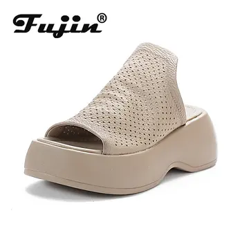 Fujin 6 см Модные дышащие женские летние босоножки на платформе и танкетке, Туфли из натуральной кожи, Дизайнерские удобные
