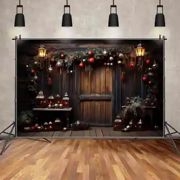 ЛУНА.QG Фон Рождественская деревянная дверь из досок Ворота Красные золотые шары Настенный светильник Фон Винтажная деревянная доска для пола Фотобудка для вечеринки