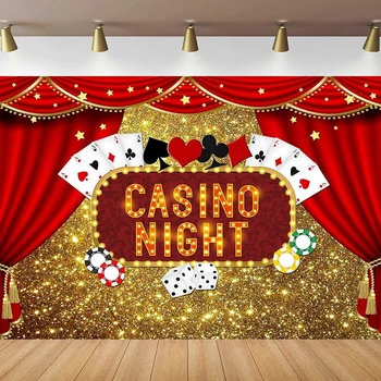Фон для фотосъемки в стиле Боке с золотым блеском Лас-Вегаса, ночь казино, кости для покера, красные шторы, баннер для вечеринки по случаю дня рождения, выпускного вечера