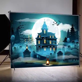 ЛУНА.Фон QG Синий Замок-надгробие, декорация для вечеринки в честь Хэллоуина, Детская фотобудка с призраком летучей мыши в лунном свете
