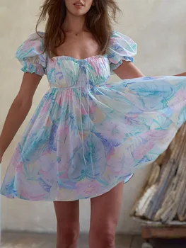 Женское мини-платье принцессы с квадратным вырезом, Короткими пышными рукавами, завязывающимися спереди, платье с цветочным принтом, Милое платье-сорочка