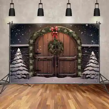ЛУНА.Фон QG Рождественский венок в виде снежинки, Деревянная дверь, ворота, Фон для фотосъемки на стене, Кирпичный забор, Снежный пол, Фотобудка