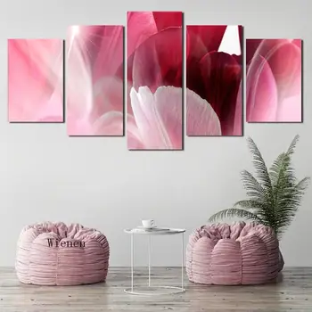 Розовая абстрактная картина на холсте с листьями и пером из пяти частей, настенный художественный плакат, картина для украшения дома в гостиной
