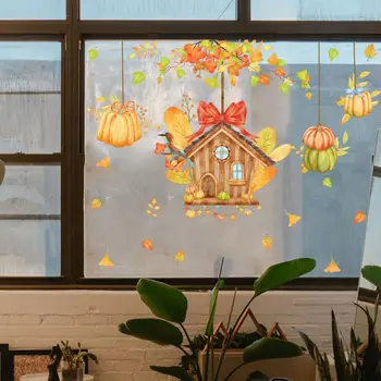 Наклейка из ПВХ на стену в День Благодарения, наклейка на окно с кленовыми листьями и рисунком тыквы, Съемная наклейка для праздничного дома