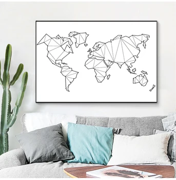 Абстрактная геометрическая карта мира Картина на холсте Плакаты на скандинавскую тему и принты Настенное искусство Черно-белые настенные панно для гостиной