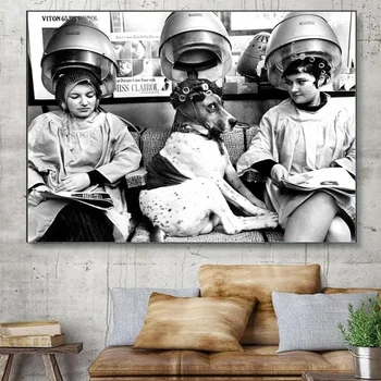 Черно-белый Винтажный Европейский плакат салона красоты С принтами Забавной собаки с бигудями в парикмахерской, картина на холсте, настенное искусство