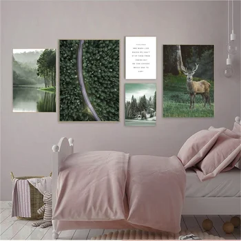 Плакат с изображением горного туманного леса, картина с оленем, настенное искусство, холст, картина, плакат с озером в скандинавском стиле, дорога к озеру, домашний декор для спальни, гостиной