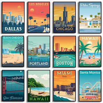 Америка, город путешествий, Бостон, Гавайи, Нью-Йорк, Палмс-Спрингс, плакаты на холсте и настенная картина для декора гостиной