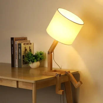 Современная деревянная светодиодная настольная лампа в форме робота с держателем лампы E14, тканевый абажур для гостиной, настольные лампы для домашнего кабинета, ночник