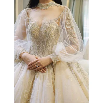 Новое Кружевное Бальное платье, Свадебные платья с длинными рукавами, Мусульманские свадебные платья, Роскошные Придворные Свадебные платья с шампанским 2023 Robe De Mariee