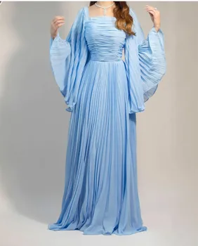 Длинные Светло-голубые шифоновые мусульманские вечерние платья трапециевидной формы, плиссированные, на молнии сзади, длиной до пола, вечерние платья Robe De Mariée для женщин
