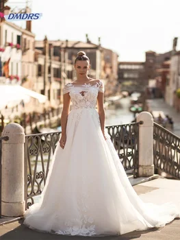 Пляжное свадебное платье с круглым вырезом и коротким рукавом, романтическое кружевное платье с аппликациями для невесты, Элегантное Vestidos De Novia