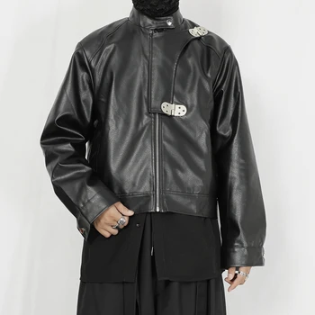 Оригинальная мужская повседневная куртка, мужское пальто с металлической пряжкой и воротником-стойкой, свободная куртка из искусственной кожи, короткое пальто