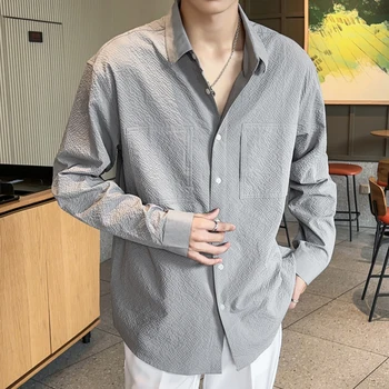 Высококачественные свободные мужские рубашки с длинными рукавами Модные Корейские удобные блузки на пуговицах Мужская уличная одежда Винтажная мужская одежда